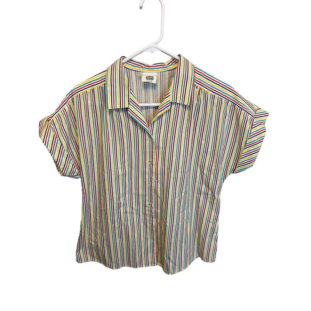 70's Vintage Nikki Rainbow Striped Short Sleeve Button Up Blouse Size 13/14
